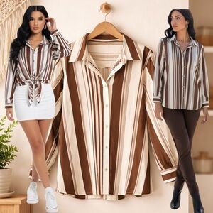 🛍️ Women's Brown Whitw Striped  Button-Down Collar Shirt Blouse Size X-LARGE